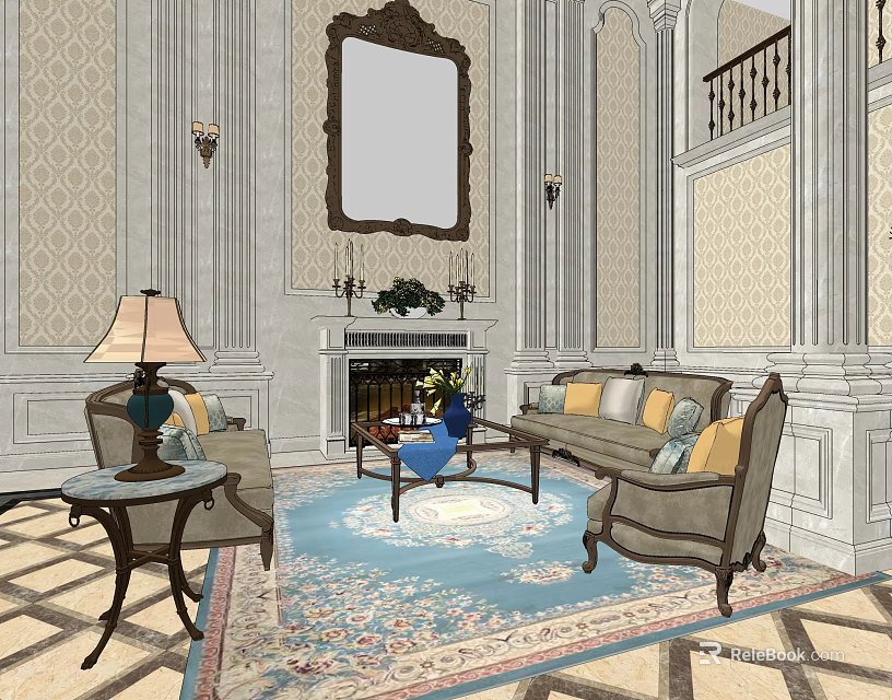 Elegant Luxury Hotel Lobby With Sofa Fireplace Armchair And Ornate Carpet 3d model 