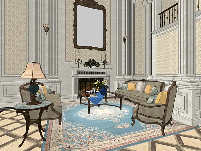 Elegant Luxury Hotel Lobby With Sofa Fireplace Armchair And Ornate Carpet 3d model