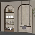 Arched Wall Mounted Decorative Cabinet With Shelves And Decorative Jars On Tiled Background