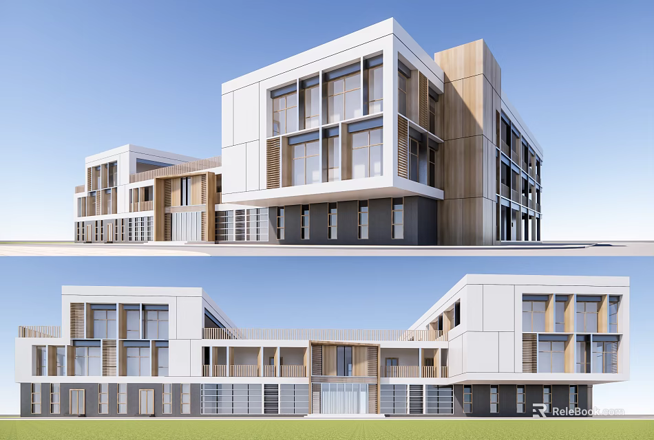 Modern School Building Design With Glass Windows Wooden Accents And Spacious Open Lawn 3d model 