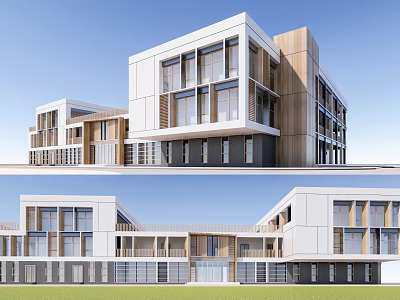 Modern School Building Design With Glass Windows Wooden Accents And Spacious Open Lawn 3d model