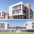 Modern School Building Design With Glass Windows Wooden Accents And Spacious Open Lawn