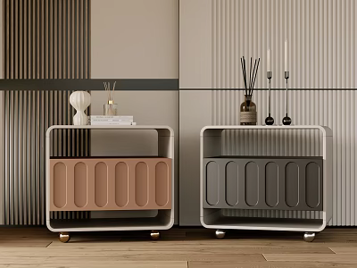 Modern Bedside Tables With Wavy Front Panels Wheels And Decorative Items On Wooden Floor 3d model