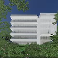 Modern White Office Building With Glass Facade And Lush Green Surroundings