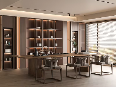 Elegant Tea Room Interior Design With Long Wooden Table Chairs Shelves And Warm Lighting 3d model