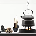 Traditional Chinese Tea Set with Ceramic Teapot Cups Bamboo Statues Red Blossom and Hanging Kettle