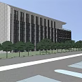 Modern Office Building Exterior With Large Windows Plaza And Trees Front