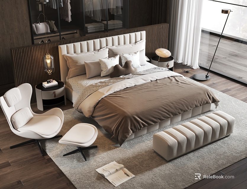 Modern Bedroom Featuring Double Bed Brown Bedspread Beige Headboard White Chair Nightstand Lamp And Rug 3d model 