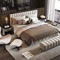 Modern Bedroom Featuring Double Bed Brown Bedspread Beige Headboard White Chair Nightstand Lamp And Rug
