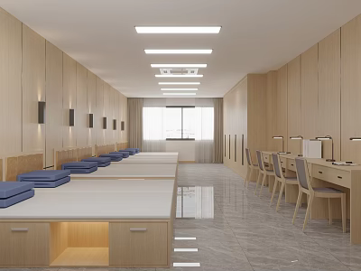 Spacious Apartment Featuring Rows Of Beds Blue Mats Desks Chairs Wooden Walls And Strip Lights 3d model