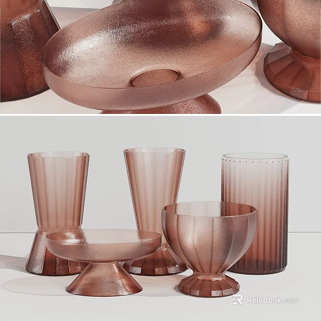 Modern Ceramic Vessels With Rose Gold Finish And Fluted Design For Home Interior Decor 3d model 