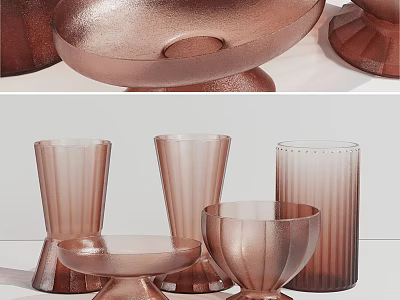 Modern Ceramic Vessels With Rose Gold Finish And Fluted Design For Home Interior Decor 3d model