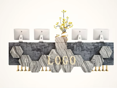 Modern Reception Desk With Marble Texture Hexagonal Design Golden Legs Computers And Flower Arrangement 3d model