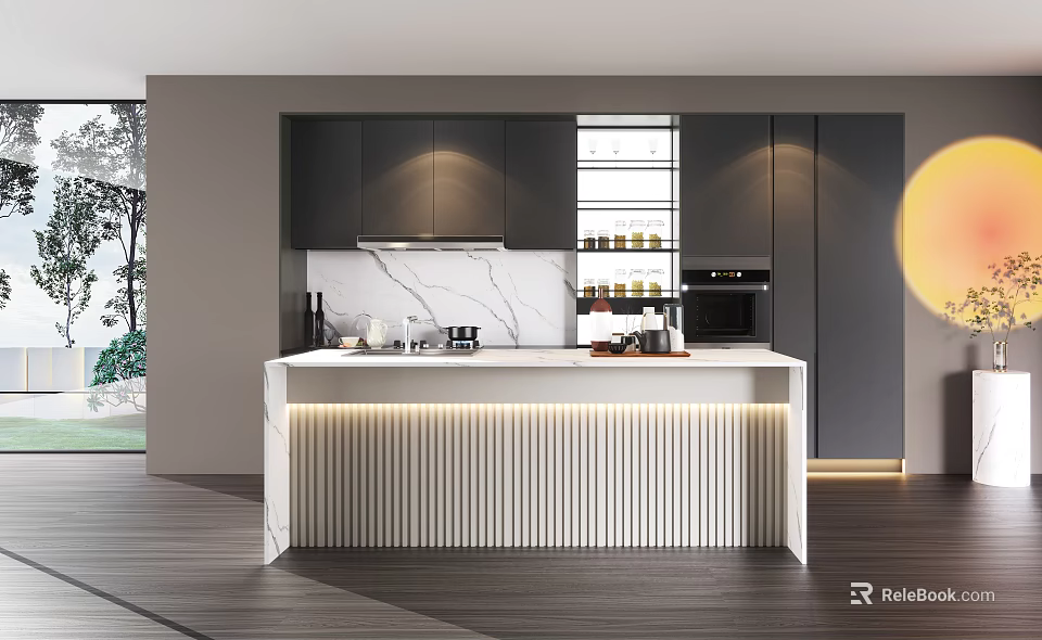 Elegant Modern Kitchen Interior With Black Cabinets Marble Countertop And Island 3d model