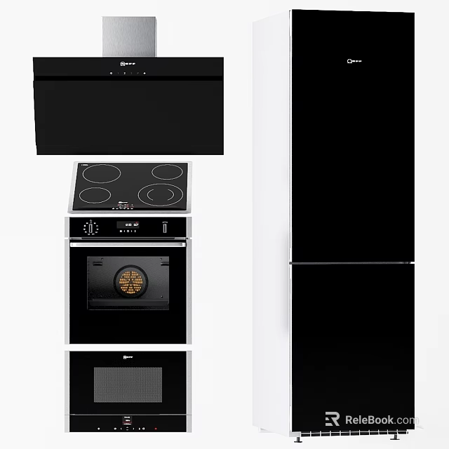 Modern Black Kitchen Appliances With Range Hood Cooktop Oven And Refrigerator 3d model 