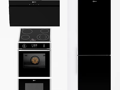 Modern Black Kitchen Appliances With Range Hood Cooktop Oven And Refrigerator 3d model