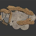 Rustic Scene Components With Stone Walls Wooden Gate And Stone Slabs