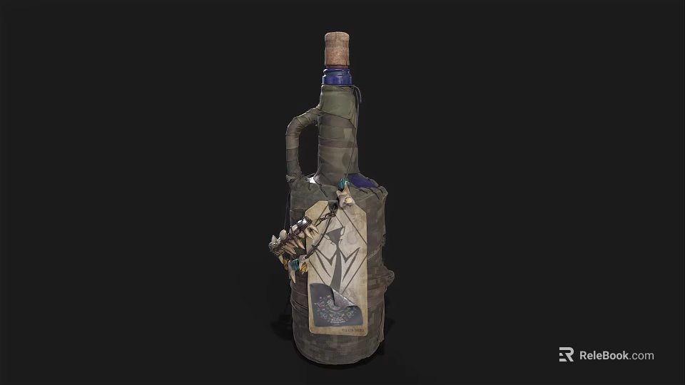 Unique Wine Bottle With Cloth Wrapping Decorative Label And Elegant Wine Glass 3d model 
