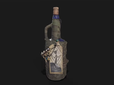 Unique Wine Bottle With Cloth Wrapping Decorative Label And Elegant Wine Glass 3d model