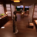 Traditional Chinese Courtyard Interior With Wooden Table Stools Lantern Green Plants And Decorative Figure