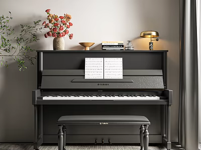 Elegant Black Upright Piano With Music Sheets On Top Stool And Decorative Lamp Near Plants 3d model