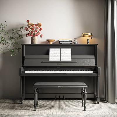 Elegant Black Upright Piano With Music Sheets On Top Stool And Decorative Lamp Near Plants 3d model