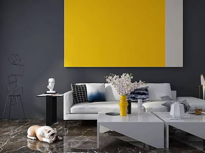 Modern White Sofa And Coffee Table Combination With Decorative Pillows And Flower Vase 3d model