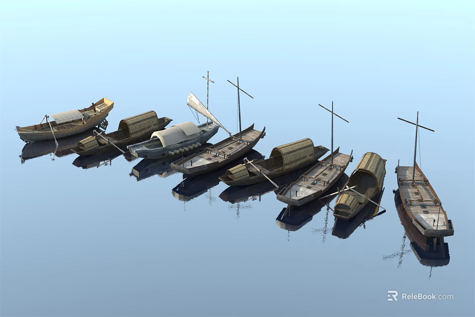 Row of Traditional Wooden Boats on Calm Water with Masts and Reflections 3d model 