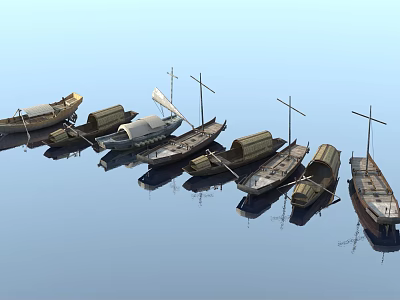 Row of Traditional Wooden Boats on Calm Water with Masts and Reflections 3d model