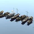 Row of Traditional Wooden Boats on Calm Water with Masts and Reflections