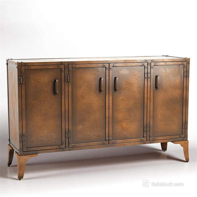 Rustic Wooden Console Sideboard Cabinet With Metal Hardware And Four Storage Doors 3d model 