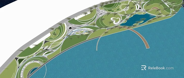 Scenic Waterfront Landscape Design Featuring Green Lawns Curved Pathways And Pedestrian Bridge 3d model 