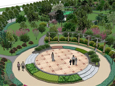 Residential Landscape Design With Circular Plaza Green Lawn Trees Pathways And People 3d model