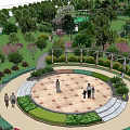 Residential Landscape Design With Circular Plaza Green Lawn Trees Pathways And People