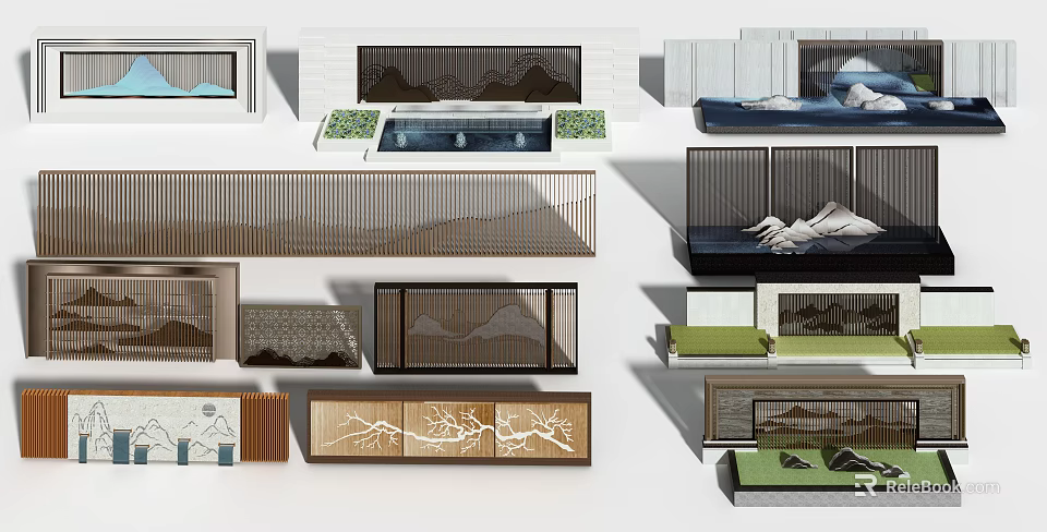 Modern Landscape Wall Design With Wooden Grille And Mountain Pattern Elements 3d model