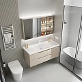 Modern Bathroom Interior Design With Backlit Mirror Vanity Drawers And Striped Wall 3d model
