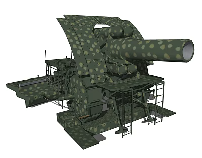 Large Camouflage Artillery Weapon with Long Barrel and Metal Platform Structure 3d model