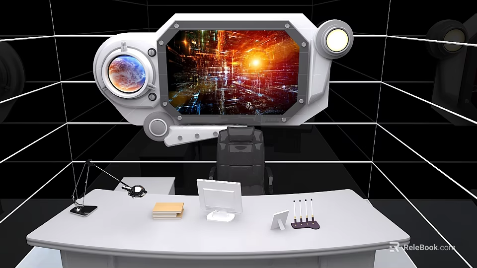Futuristic Office Interior With Curved White Desk Large Screen Display Circular Lights And Tech Accessories 3d model 