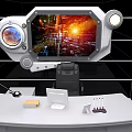 Futuristic Office Interior With Curved White Desk Large Screen Display Circular Lights And Tech Accessories