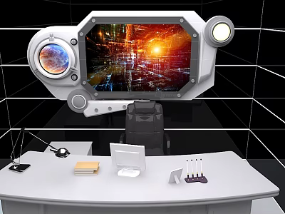 Futuristic Office Interior With Curved White Desk Large Screen Display Circular Lights And Tech Accessories 3d model