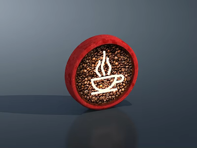 Red Circular Coffee Shop Sign With Beans And Cup Icon 3d model Red Circular Coffee Shop Sign With Beans And Cup Icon 3d model
