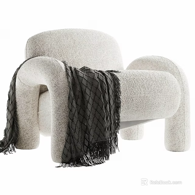 Plush Cream Colored Modern Armchair With Rounded Arms And Dark Throw Blanket 3d model 