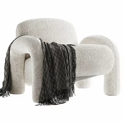 Plush Cream Colored Modern Armchair With Rounded Arms And Dark Throw Blanket 3d model