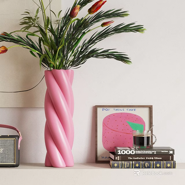 Decorative Ornament Set With Pink Spiral Vase Green Plants Framed Artwork And Stacked Books 3d model 