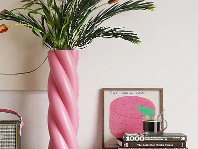 Decorative Ornament Set With Pink Spiral Vase Green Plants Framed Artwork And Stacked Books 3d model