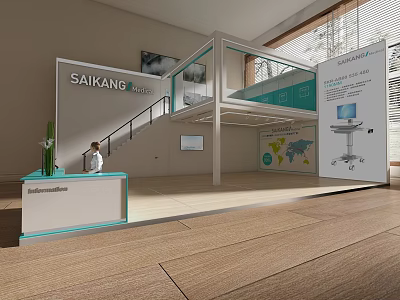 SAIKANG Medical Exhibition Booth With Reception Desk Staircase Display Screen And World Map Poster 3d model