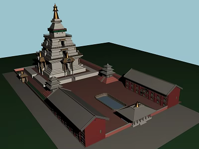 Traditional Ancient Multi Tiered Pagoda Complex With Red Walls Gray Roofs And Courtyard 3d model