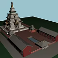 Traditional Ancient Multi Tiered Pagoda Complex With Red Walls Gray Roofs And Courtyard
