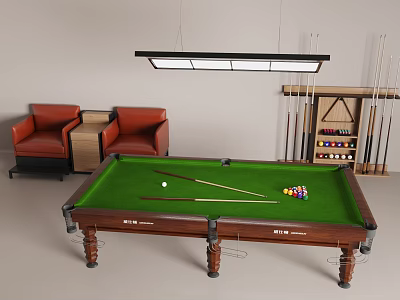 Billiard Room With Green Billiard Table Balls Cues Red Chairs Cue Rack And Ceiling Light 3d model