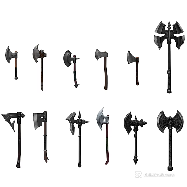 Various Battle Axes With Different Head And Handle Designs As Medieval Weapons 3d model